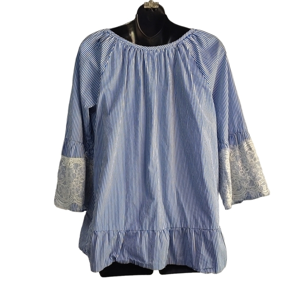 Signature Studio Women's Blue White Stripe Lace Trim Top Blouse Size L - Picture 2 of 9